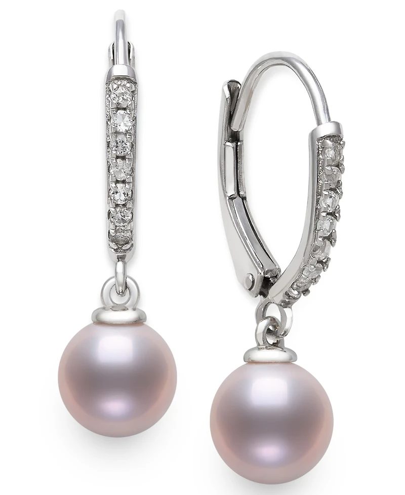 Belle de Mer Cultured Freshwater Pink Pearl (6-7mm) and Lab Created Sapphire Drop Earrings in Sterling Silver