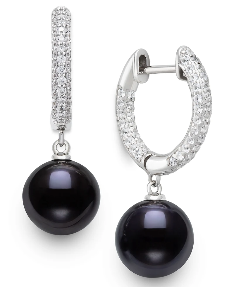 Belle de Mer Cultured Freshwater Peacock Black Pearl (10-11mm) and Lab Created Sapphire Drop Earrings in Sterling Silver