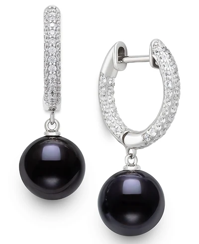 Belle de Mer Cultured Freshwater Peacock Black Pearl (10-11mm) and Lab Created Sapphire Drop Earrings in Sterling Silver