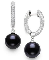 Belle de Mer Cultured Freshwater Peacock Black Pearl (10-11mm) and Lab Created Sapphire Drop Earrings in Sterling Silver