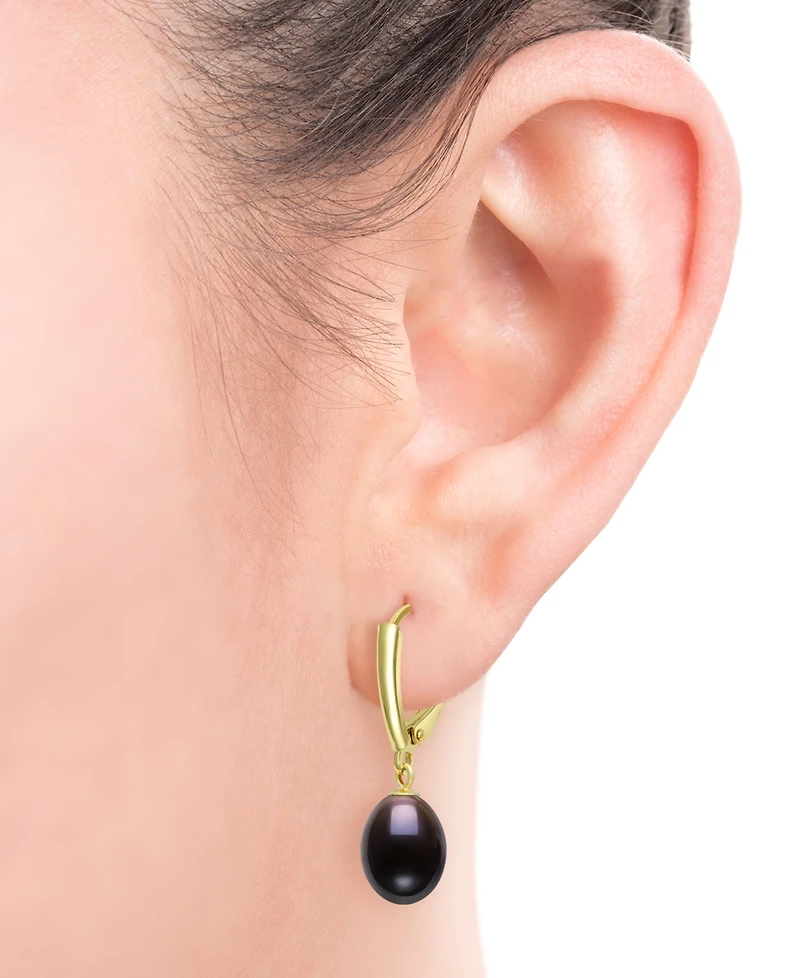 Belle de Mer Cultured Freshwater Peacock Black Drop Pearl (7-8mm) Earrings in 14k Gold over Silver