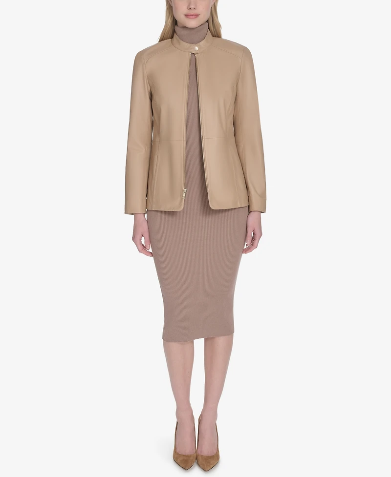 Cole Haan Women's Hand Stitched Detail Stand Collar Leather Jacket