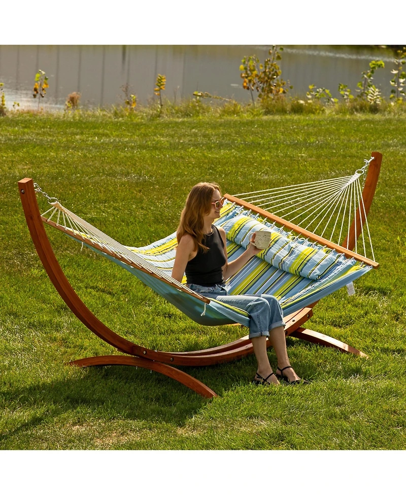 Quilted Double Fabric 2-Person Hammock with Curved Arc Wood Stand