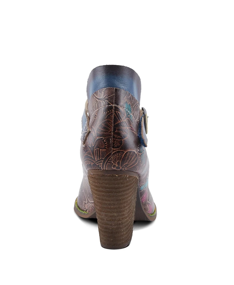 L Artiste Women s Foxglove Leather Pumps with Floral Butterfly Art, Ankle Strap, and Stacked Western Heel