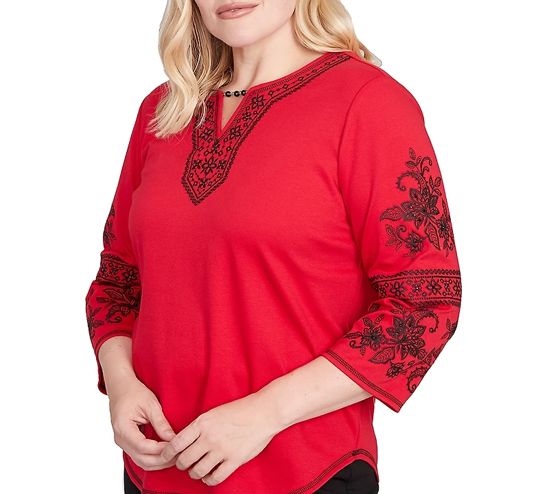 Alfred Dunner Petite Jet Setter Knit Embroidered Sleeve Beaded Split Neck Top