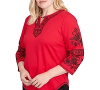 Alfred Dunner Petite Jet Setter Knit Embroidered Sleeve Beaded Split Neck Top