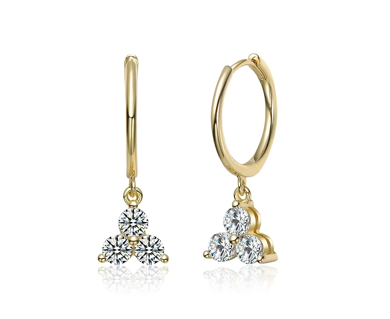 Rachel Glauber 14K Gold Plated with Clear Cubic Zirconia Three Stone Drop Hoop Earrings