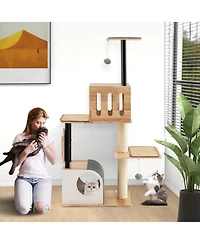 Gymax Wood Cat Tree w/Dual Cat Condos Sturdy Metal Tubes Frame Sisal Scratching Posts