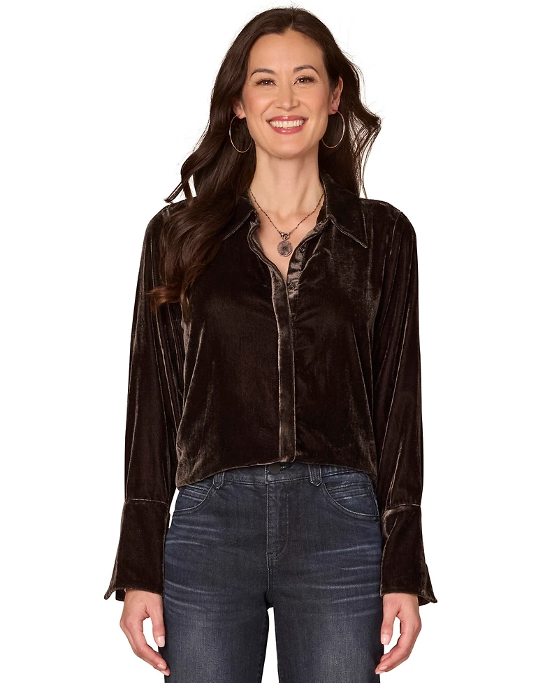 Democracy Petite Velvet Button-Front Top