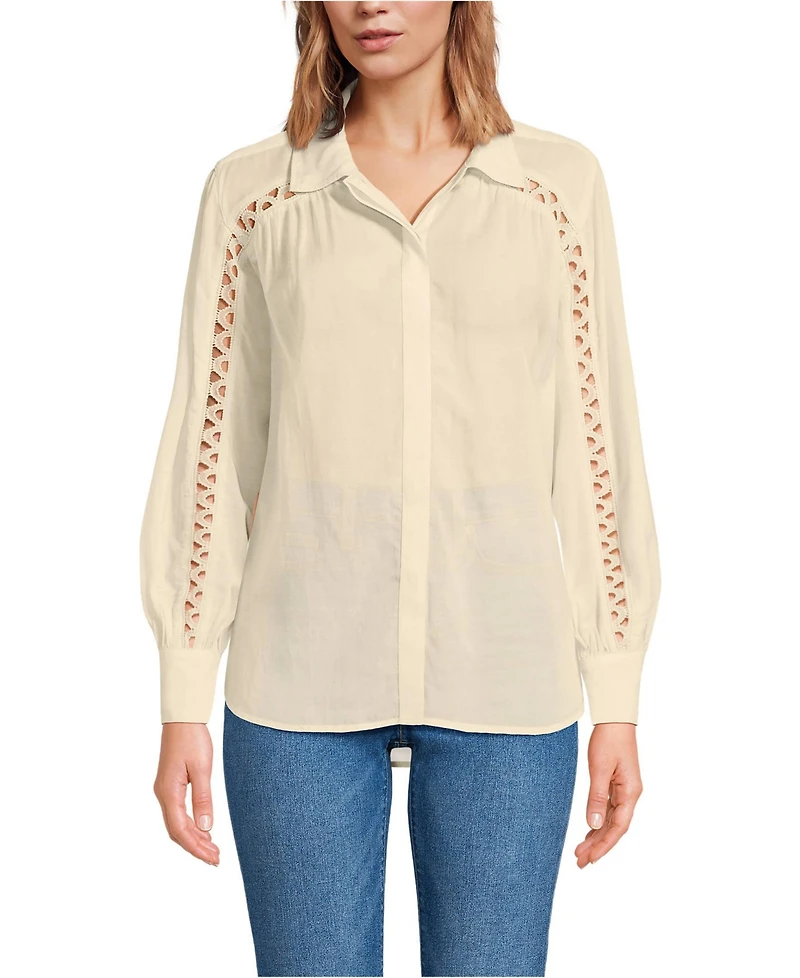 Lands' End Women's Voile Shirred Trim Insert Shirt