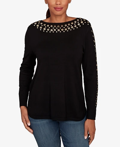 Ruby Rd. Petite Grommet Embellished Fine Gauge Sweater