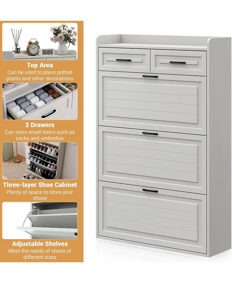 Shoe Storage Cabinet with 3 Flip Drawers and 2 Drawers, Hidden Wood Shoe Cabinet for Entryway, Freestanding Shoes Organizer Cabinet, White