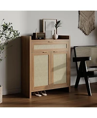 Boho Shoe Cabinet, 32 Inch Rattan Shoe Organizer with Doors and Drawer, Coffee Bar Cabinet with Adjustable Shelf, Wooden Accent Console Table,Brown