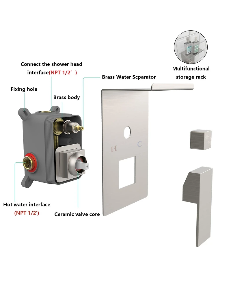 Rainsken Rainfall Shower System With Storage Rack 10 inch Shower Faucet Set Brushed Nickel with High Pressure with Square Shower Head