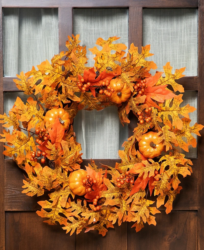 Fall Leaves Pumpkins And Berries Artificial Thanksgiving Wreath Unlit, 22"