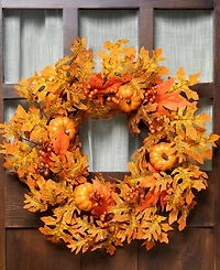 Fall Leaves Pumpkins And Berries Artificial Thanksgiving Wreath Unlit, 22"