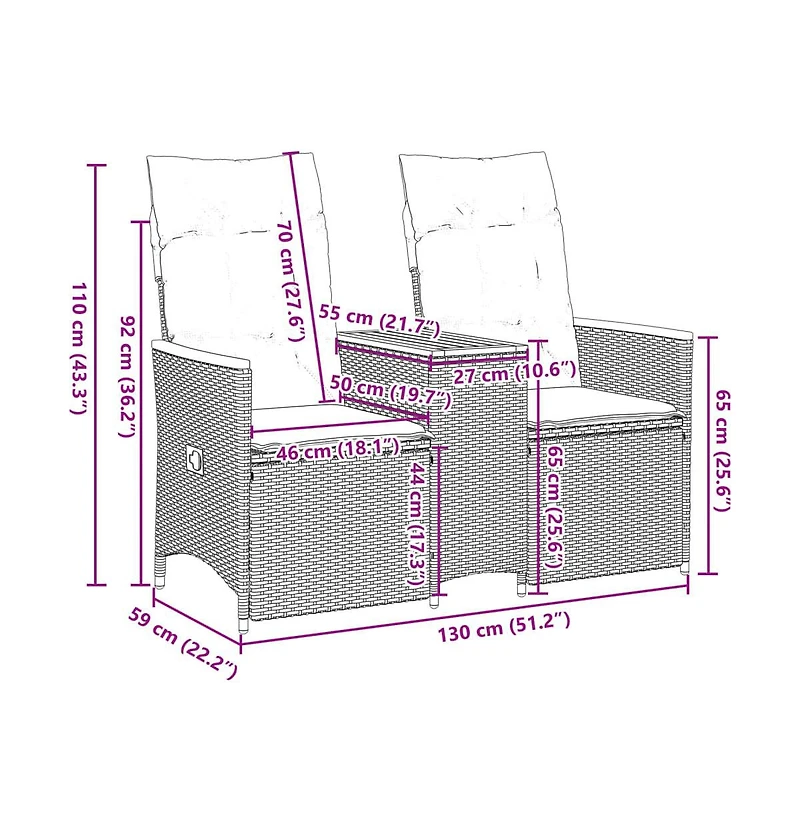 Reclining Garden Sofa Grey Pe Rattan Standard for 2-seater sofas