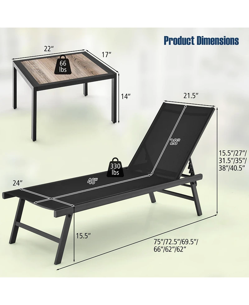 Gymax 3pcs Patio Chaise Lounge Set Aluminum Recliner Chair Table Outdoor