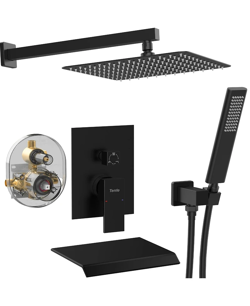 Rainsken Male Npt Black Shower System, 12 Inch Shower Fixtures Rain Shower Head with Handheld Shower Spray, Wall Mount Shower Faucet Set for Bathroom