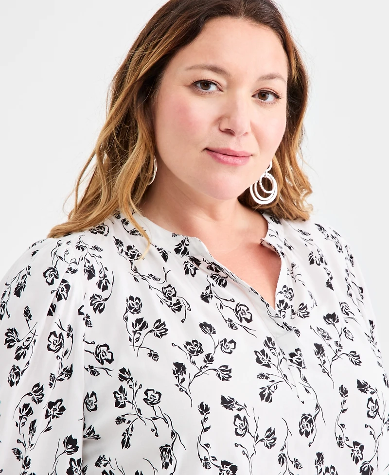 Style & Co Plus Printed Split-Neck Popover Top, Macy's Exclusive