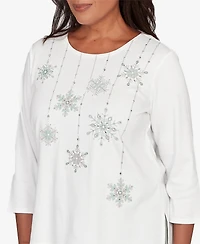 Alfred Dunner Petite Stockbridge Snowflake Cultivated Pearl Studded Shimmer Top
