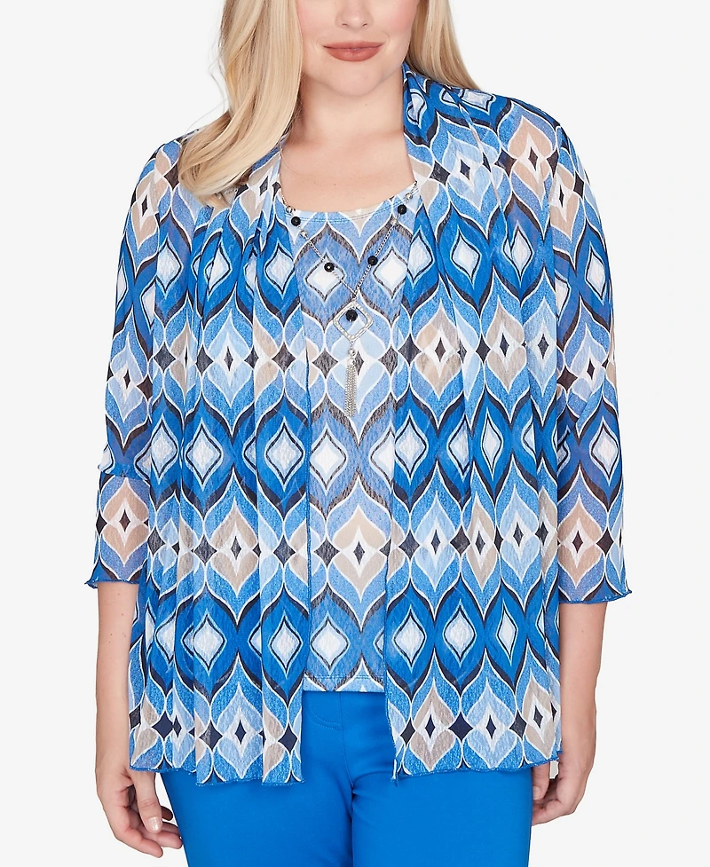 Alfred Dunner Petite Barcelona Geometric Mesh Two One Top with Necklace