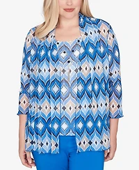 Alfred Dunner Petite Barcelona Geometric Mesh Two One Top with Necklace