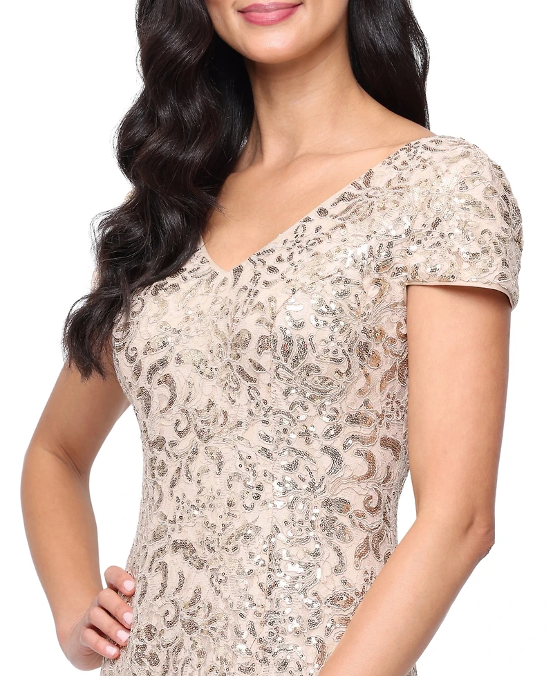 Alex Evenings Women's V-Neck Short Sleeves Fit & Flare Long Dress