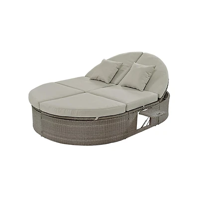 Chic Crate - Beige 2 1 Padded Chaise Lounges for Deck Balcony Modern Outdoor Daybed with Wood Topped Side Spaces