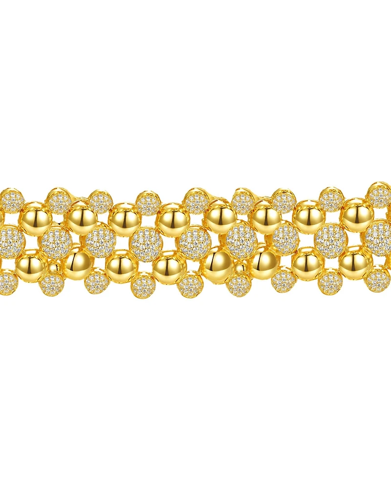 14k Yellow Gold Plated with Cubic Zirconia French Pave Medallion Mesh Link Bracelet