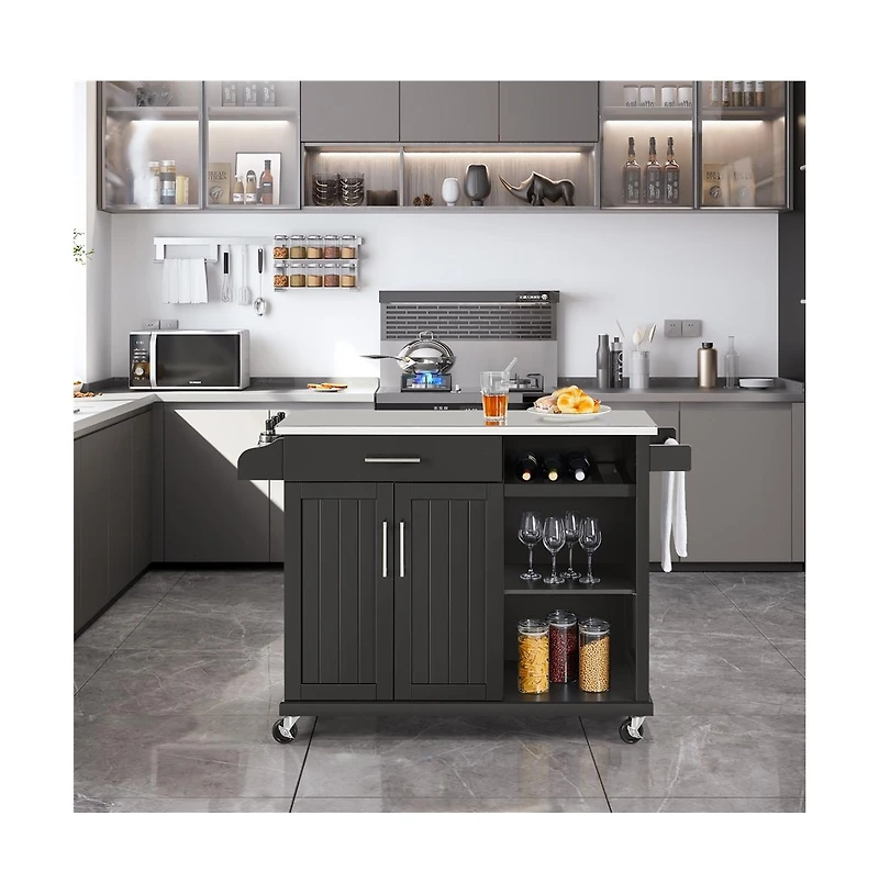 36” H Kitchen Island Cart with Stainless Steel Top and Storage White