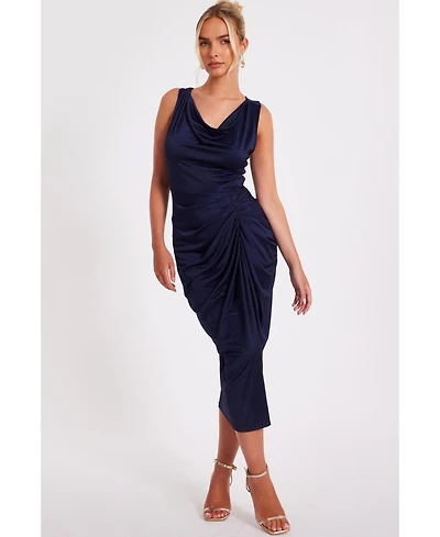 Quiz Women's Disco Cowl Hardware Detail Back Ruched Midi Dress