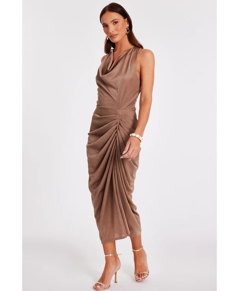 Quiz Women's Disco Cowl Hardware Detail Back Ruched Midi Dress