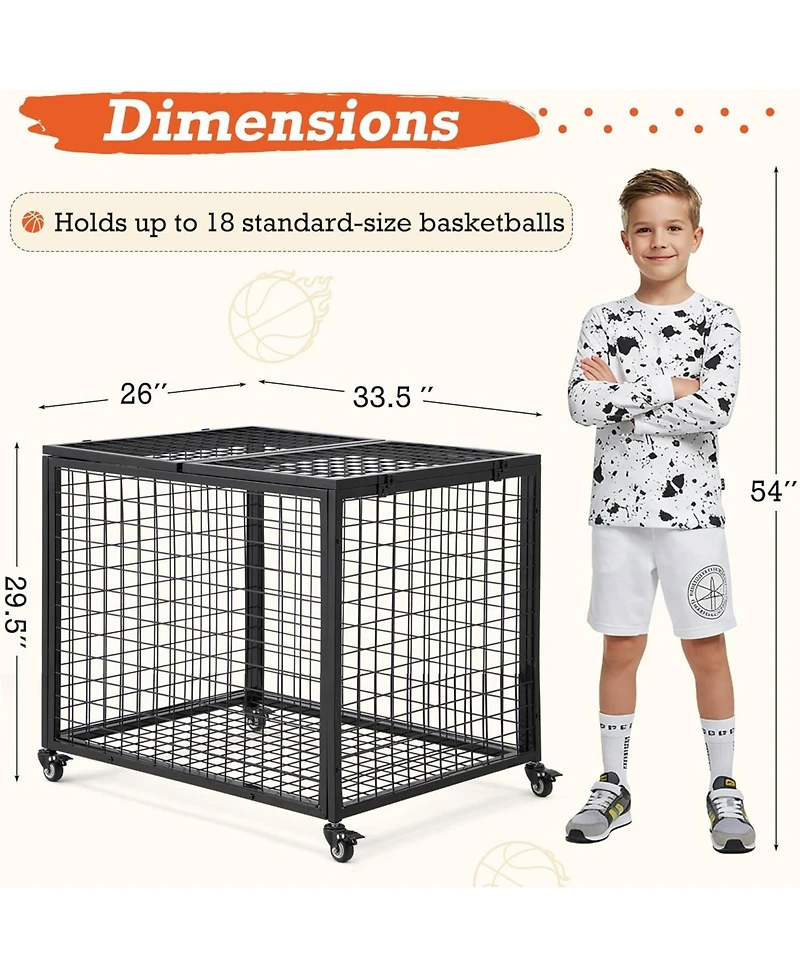 Aecojoy Ball Cart Storage, Rolling Basketball Bin with Wheels for Garage, School, Gym, Sports Equipment and Toy Organizer
