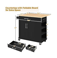 36” H Kitchen Island Cart on Wheels with Solid Wood Top & Storage White