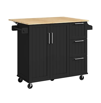 Kitchen Cart with Wood Top and Drop Leaf Breakfast Bar White