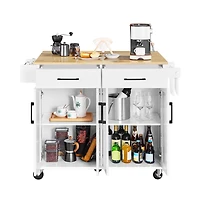 36” H Kitchen Island on Wheels with Solid Wood Tabletop White