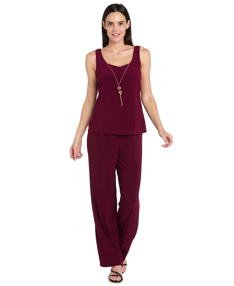 R & M Richards Women's Soutache Long Jacket, Necklace Top Pants Set