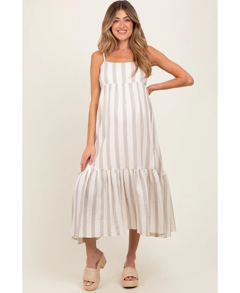 Pinkblush Beige Wide Stripe Linen Blend Sleeveless Maternity Maxi Dress