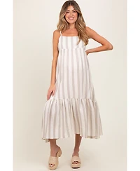 Pinkblush Beige Wide Stripe Linen Blend Sleeveless Maternity Maxi Dress