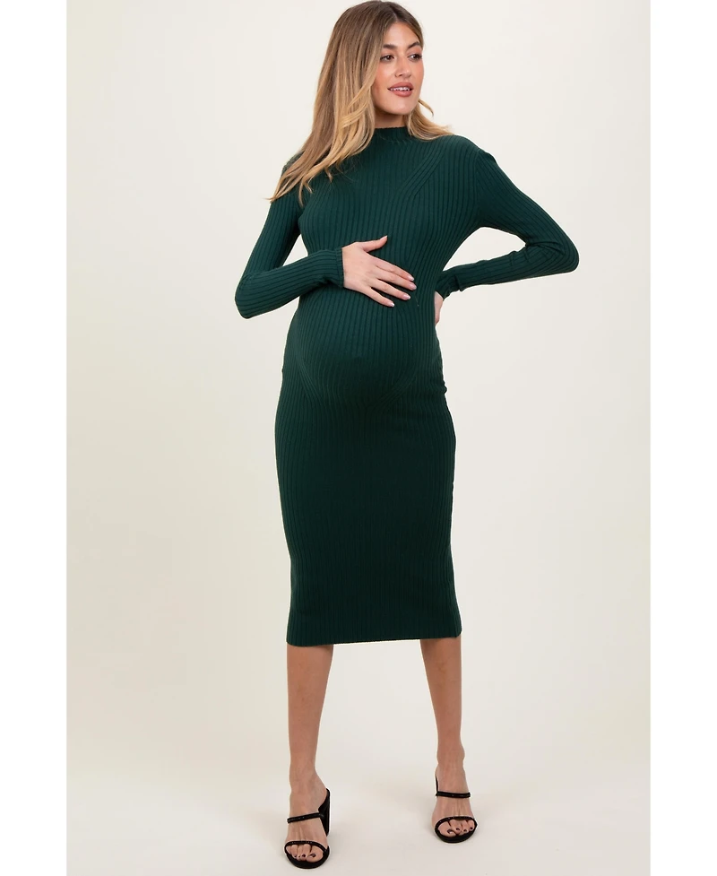 Pinkblush Maternity Forest Green Ribbed Knit Mock Neck Long Sleeve Midi Dress