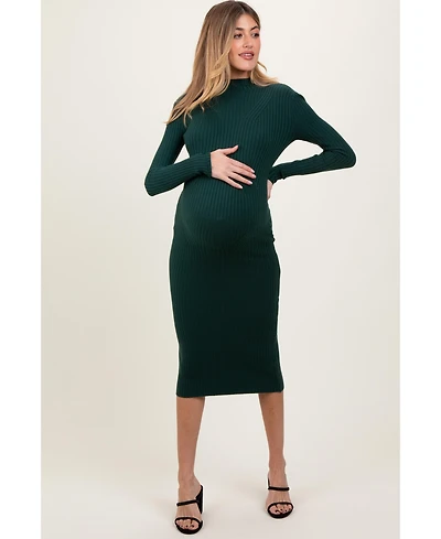 Pinkblush Maternity Forest Green Ribbed Knit Mock Neck Long Sleeve Midi Dress