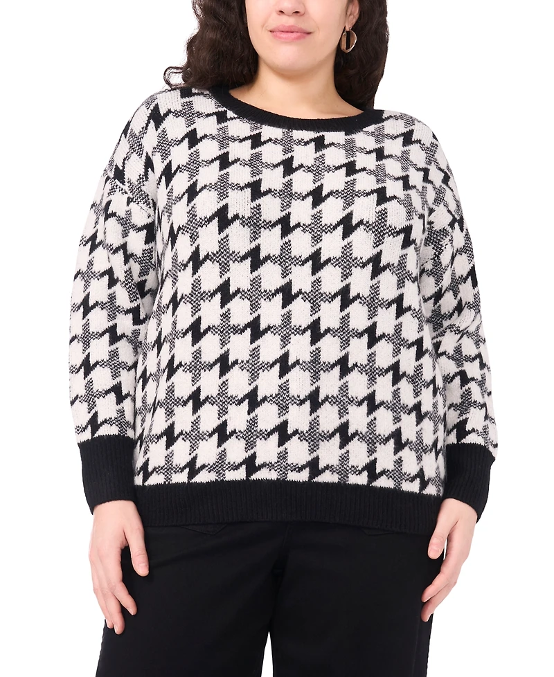 Vince Camuto Plus Houndstooth Long Sleeve Crewneck Sweater