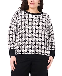 Vince Camuto Plus Houndstooth Long Sleeve Crewneck Sweater