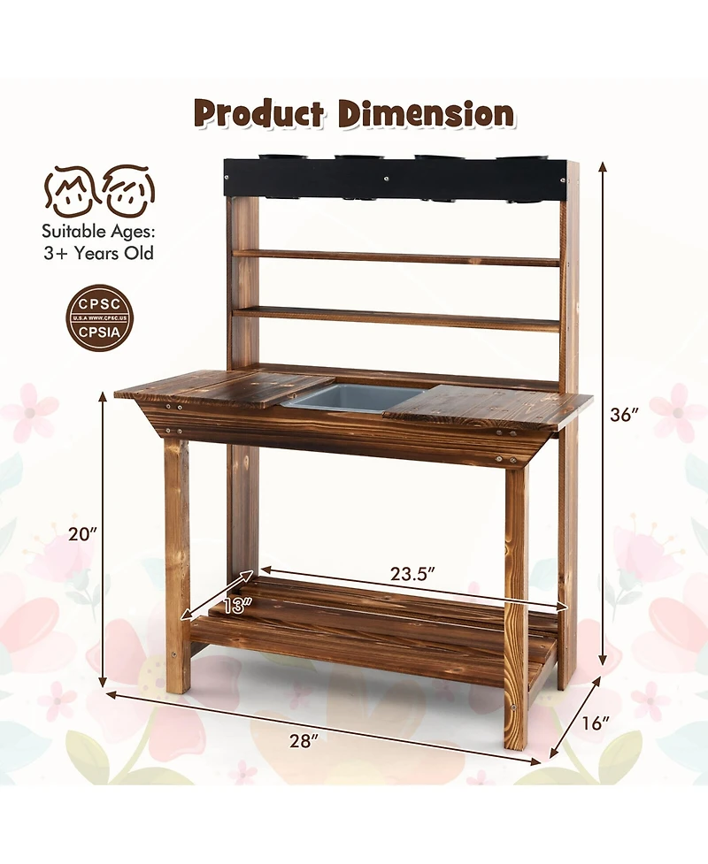 Gymax Kids Potting Bench Wooden Toy Gardening Center w/ Removable Sink & Chalkboard