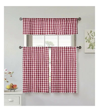 GoodGram Country Accents Burgundy Plaid Buffalo Check Kitchen Curtain Tier & Valance Set
