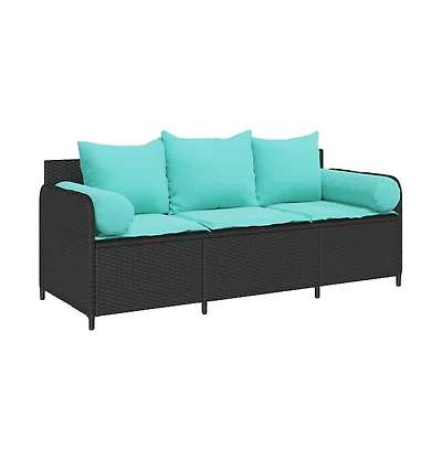 Patio Sofa with Cushions 3-Seater Black Poly Rattan