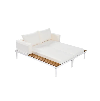 Chic Crate - Beige 2 in 1 Padded Chaise Lounges for Deck Balcony - Modern Outdoor Daybed with Wood Topped Side Spaces