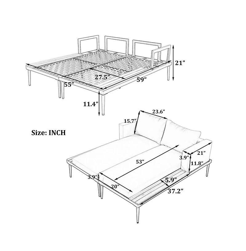 Chic Crate - Beige 2 in 1 Padded Chaise Lounges for Deck Balcony - Modern Outdoor Daybed with Wood Topped Side Spaces