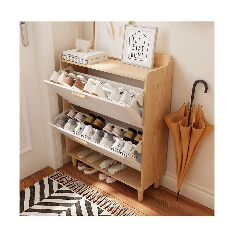 Chic Crate-31.5in Nordic Shoe Storage Cabinet 2 Flip-Drawer Organizer | Solid Wood Legs | Entryway/Narrow | White/Solid Wood